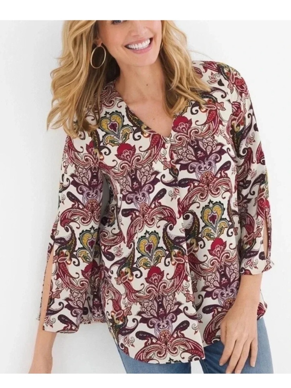 NWT Chico’s VNECK PULLOVER TOP GRAND PAISLEY SPLIT SLV TOP LS WOVEN PATTERN